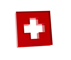 3D Red first aid icon with a white cross, symbolizing medical help and healthcare. 3d illustration