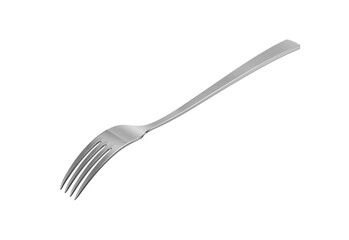 A sleek stainless steel fork with a reflective finish and a slightly curved handle. 3D Illustration