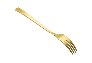 A sleek gold-plated fork with a reflective finish and a slightly curved handle. 3D Illustration