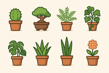 Obraz premium Illustrated collection of various houseplants in pots on a light background