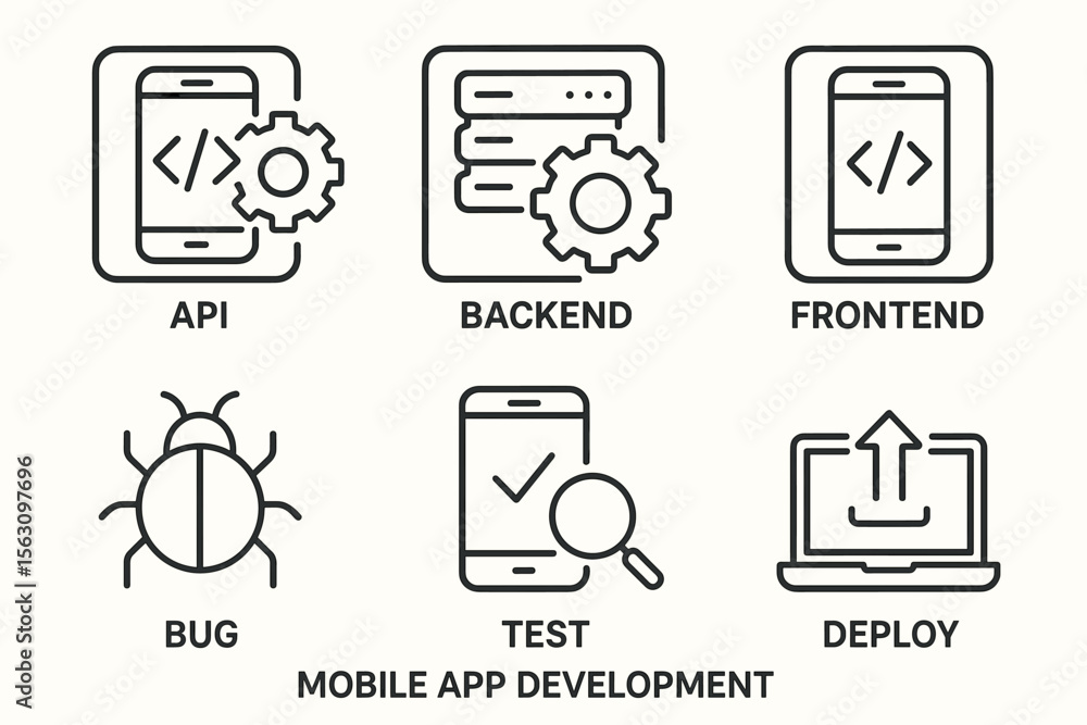 Aufkleber mobile app development icons: api, backend, frontend, bug, test, deploy