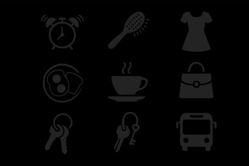 Daily routine icons: alarm, breakfast, coffee, and commuting essentials