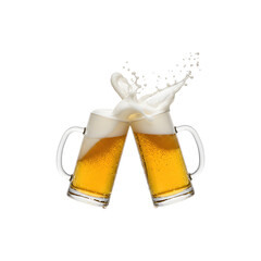 Two frothy beer mugs clinking together in celebration isolated on white background for Oktoberfest concept