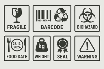Fragile barcode biohazard icons: packaging and safety symbols for goods
