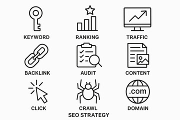 Fototapeta premium Seo strategy icons: keyword, ranking, traffic, backlink, audit, content, crawling, domain