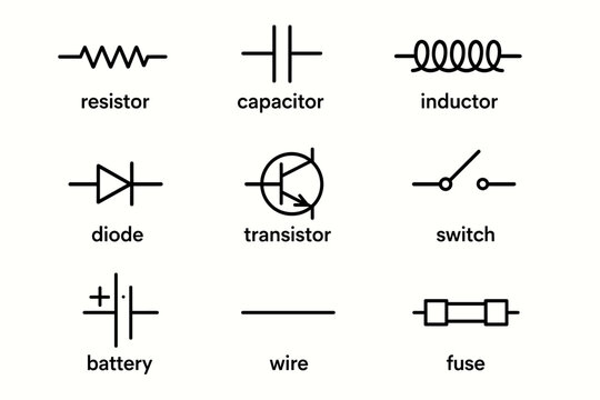 Basic electronic components: resistor, capacitor, inductor, diode, transistor, switch, battery, wire, fuse