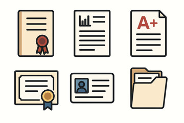 Educational and professional documents icon set: certificates, reports, id, grade sheets