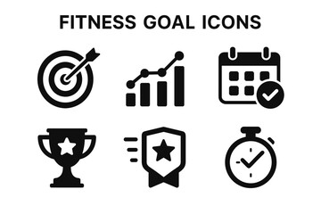 Fitness goal icons: target, graph, calendar, trophy, badge, stopwatch