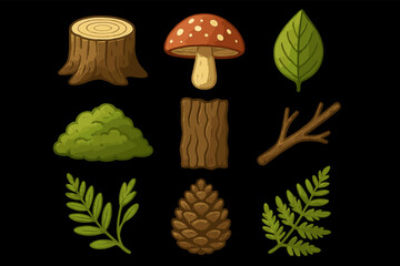 Colorful forest elements: mushrooms, leaves, and tree branches on black background