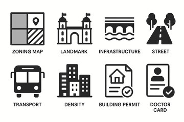 Urban planning icons: zoning, landmarks, infrastructure, and more
