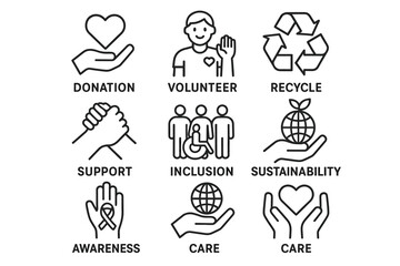 Icons of donation, volunteering, recycling, support, inclusion, and sustainability awareness