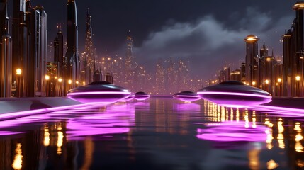 Naklejka premium Futuristic city at night with advanced transportation and glowing lights