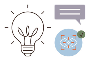 Lightbulb radiating ideas, eye within scanning lines symbolizing vision and focus, purple chat bubble for communication. Ideal for creativity, innovation, teamwork, analysis, strategy, engagement
