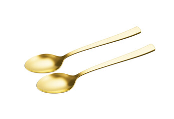 Two golden spoons featuring a smooth curves and straight handle, perfect for dining. 3d illustration