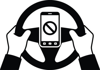 No Phone While Driving Icon, Steering Wheel Mobile Ban Safety Symbol.