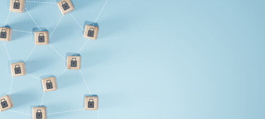 Wooden blocks with lock icons connected by dotted lines on blue background. Cybersecurity concept for data protection, privacy, secure network, and encryption systems.