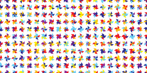 Joyful seamless bg with pinwheels on white. Abstract geometric pattern in the form of a windmill triangles. Bright motif for the design of a handkerchief, scarf, tie, bandana. Simple vector mosaic