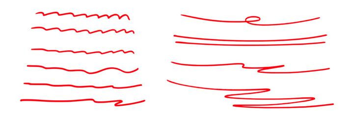 Set of red felt tip pen or marker underscore lines. Handdrawn scribble pen strokes. Memo note highlight. Handwritten underline accent element. Vector illustration.