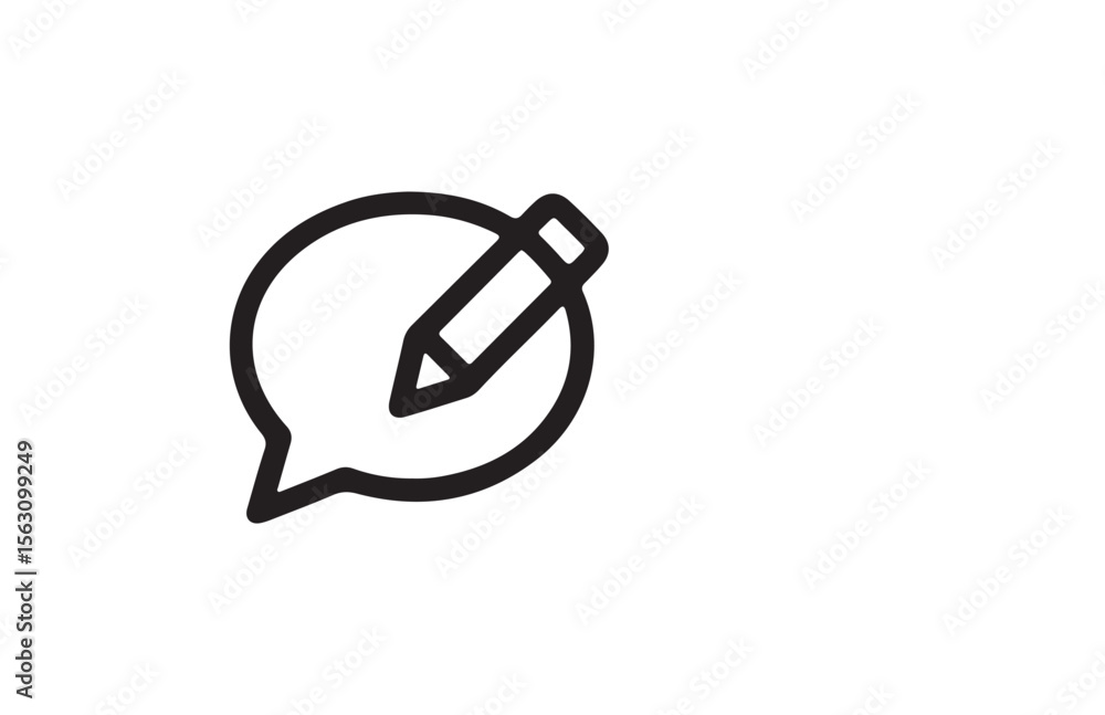Poster speech bubble with pencil icon representing writing or commenting isolated on white background