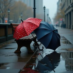 Two umbrellas red with white polka dots and dark blue rest on a wet park bench on a rainy city street