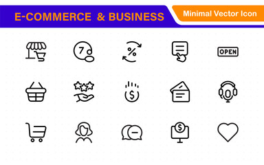 E-Commerce set of web icons in line style. Online shopping icons for web and mobile app. Business, mobile shop, digital marketing, bank card, gifts, sale, delivery. Vector illustration