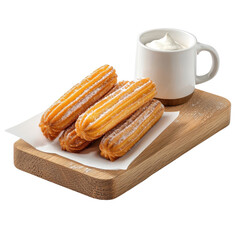 Churros on a wooden tray, isolated on a white background, presented in a rustic style that enhances their traditional charm. PNG