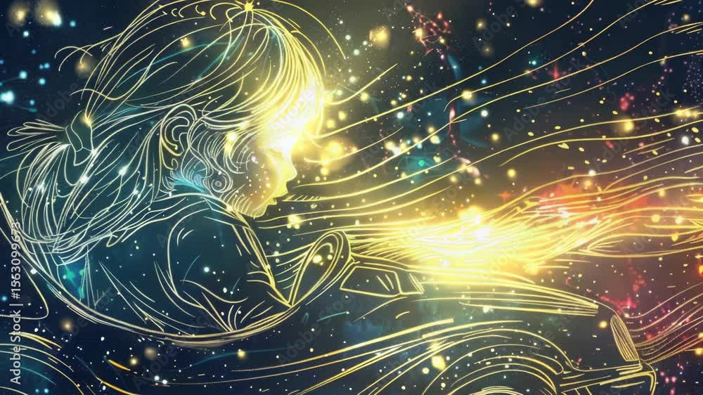 Poster astronaut woman drives car through space with stars and planets in background, for use in sci-fi or 