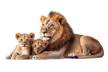 A family of lions, isolate on white background, demonstrating togetherness and strength in unity. PNG