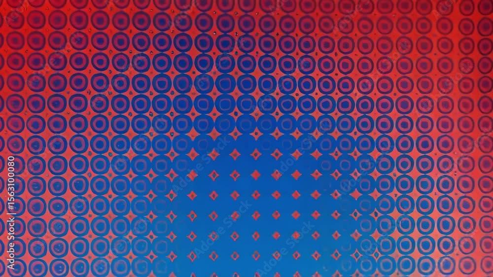 Poster a vibrant red abstract background showcases a halftone dot pattern and concentric circles in a moder