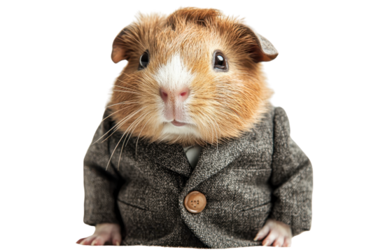 A guinea pig in a suit, isolate on white background, presenting a charming and quirky appearance. PNG