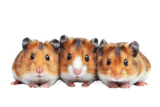 A family of hamsters, isolate on white background, standing together with playful and loving expressions. PNG