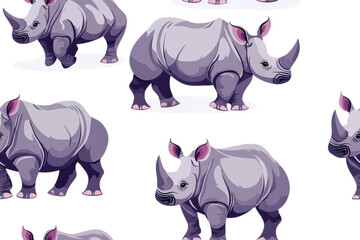 Fototapeta premium A flat style seamless pattern of rhinoceroses, isolate on white background, arranged in a dynamic and engaging design. PNG