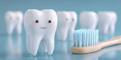 Cute cartoon tooth character smiles next to a toothbrush on a blue background showcasing dental hygiene awareness