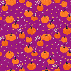 Seamless vector pattern featuring hand drawn orange pumpkins and delicate leaves on a rich purple, violet background. Ideal for autumn designs, Thanksgiving projects, seasonal textiles, and packaging