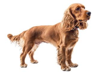A Cocker Spaniel standing gracefully, isolate on white background, showcasing its long ears and friendly expression. PNG