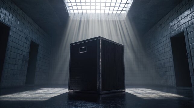 A dark, shadowed corridor with a large box in the center.