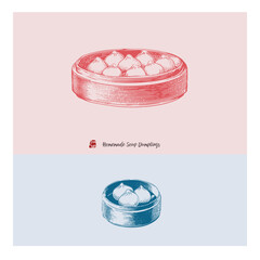 Hand-drawn vintage illustration of soup dumplings in a bamboo steamer, in red and blue sketch style. Perfect for Asian food art, menus, or culinary design.