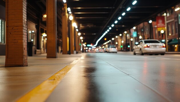 Urban street scene at night with moving vehicles under an illuminated elevated structure