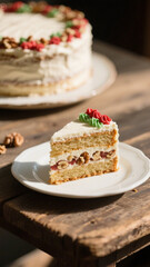 ai generate Slice of Festive Layer Cake with Walnuts and Cream on Rustic Table