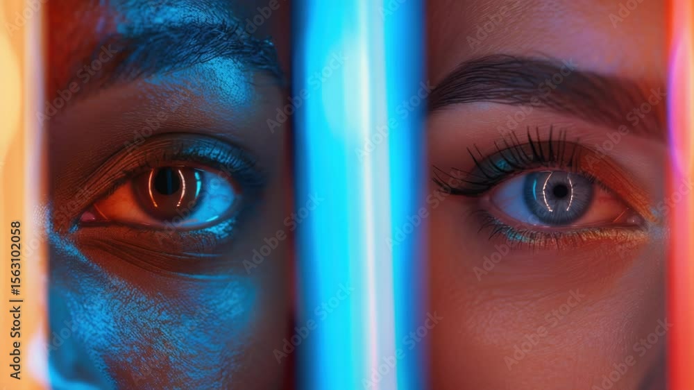 Poster a detailed view of an eye illuminated by blue and red leds, ideal for technology or futuristic theme