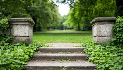 Stone steps leading to a verdant park pathway flanked by lush green foliage and classic stone pillars