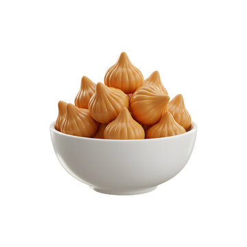 A white bowl filled with traditional Indian modak sweets, often made for Ganesh Chaturthi celebrations
