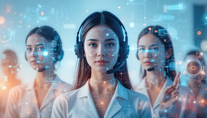 Group of women wearing headsets in a futuristic setting with digital overlays and soft lighting