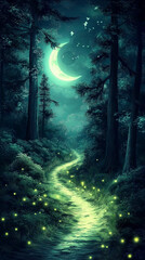 Enchanted forest path glowing with fireflies under crescent moon