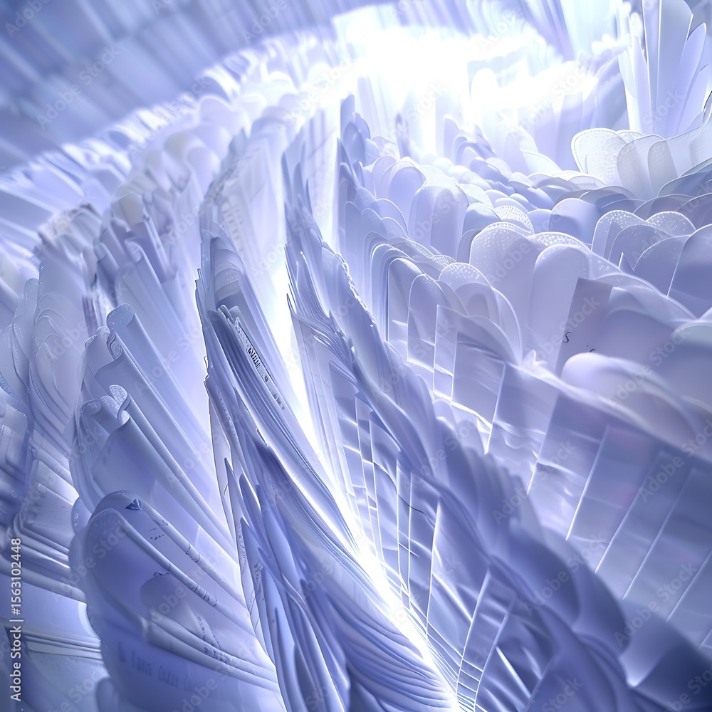 Poster ethereal layered abstract formation with soft textures and gentle illumination emanating upwards