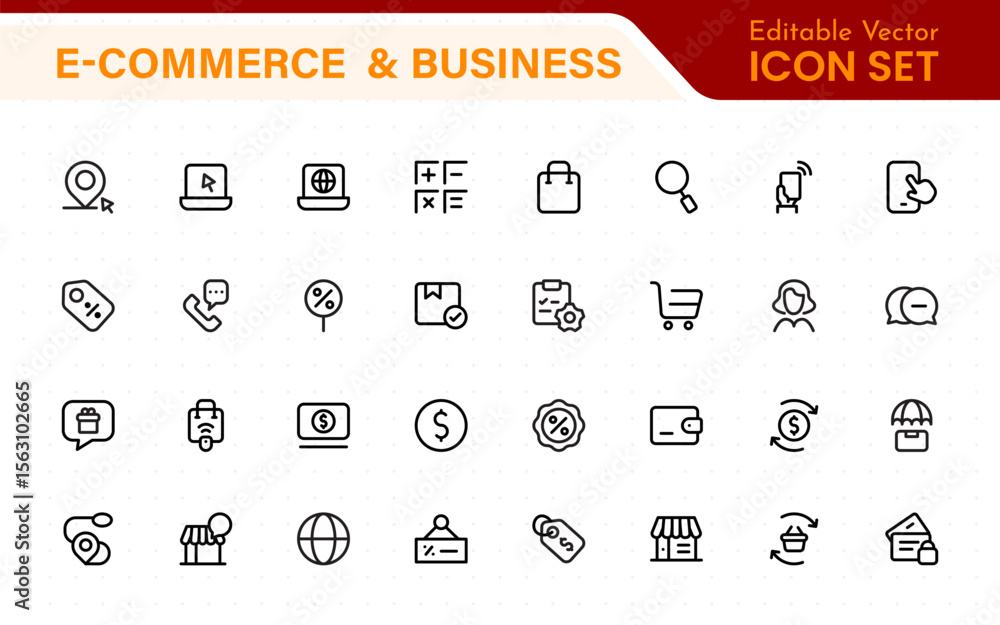 Poster e-commerce set of web icons in line style. online shopping icons for web and mobile app. business, m