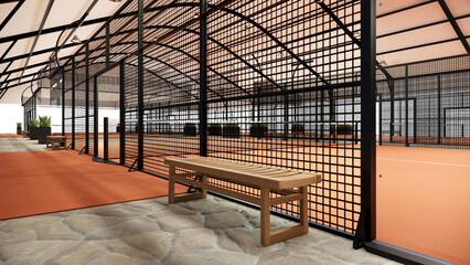 Bench at Padel court complex with terracotta color and semi outdoor roof structure
