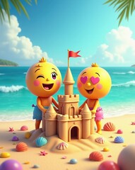 Two cheerful cartoon characters with hearts for eyes build a sandcastle together on a sunny beach with palm trees and turquoise ocean waves