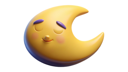 Cute sleepy cartoon crescent moon with closed eyes and smiling face, dreamy 3D icon on transparent background