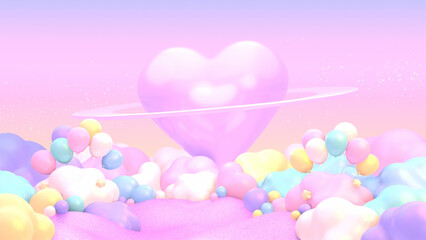 3D render cartoon heart planet and colorful clouds on glitter sand dunes.